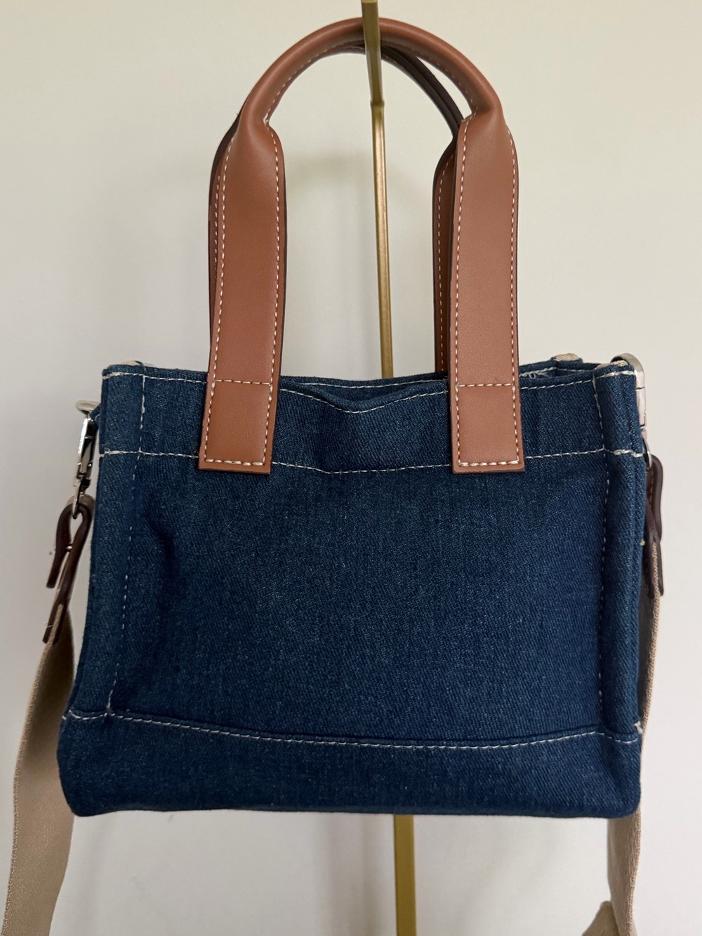 True Religion Denim Mini Tote Crossbody Bag Horseshoe Logo Y2K Blue Tan - Picture 5 of 8